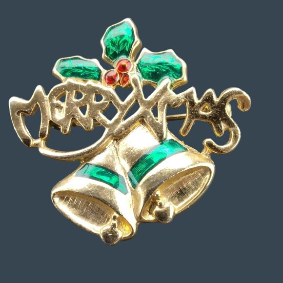 Vintage Jewelry - Bells Ringing Merry Christmas Pin Brooch Holly Berry  Vintage Holiday Jewelry